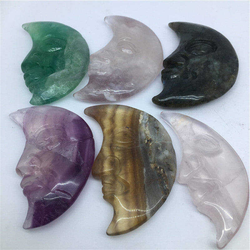 Natural Crystal Fluorite Carved Colorful Fluorite Moon Face Ornaments