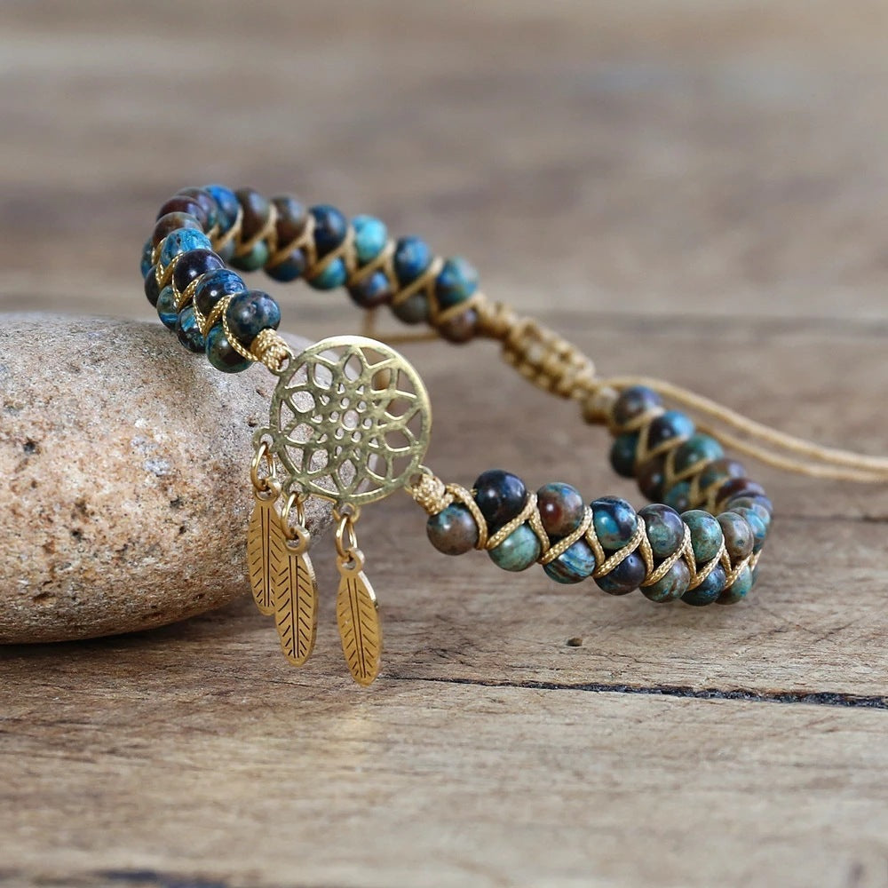 Ocean Apatite Bracelet with Gold Dream Catcher