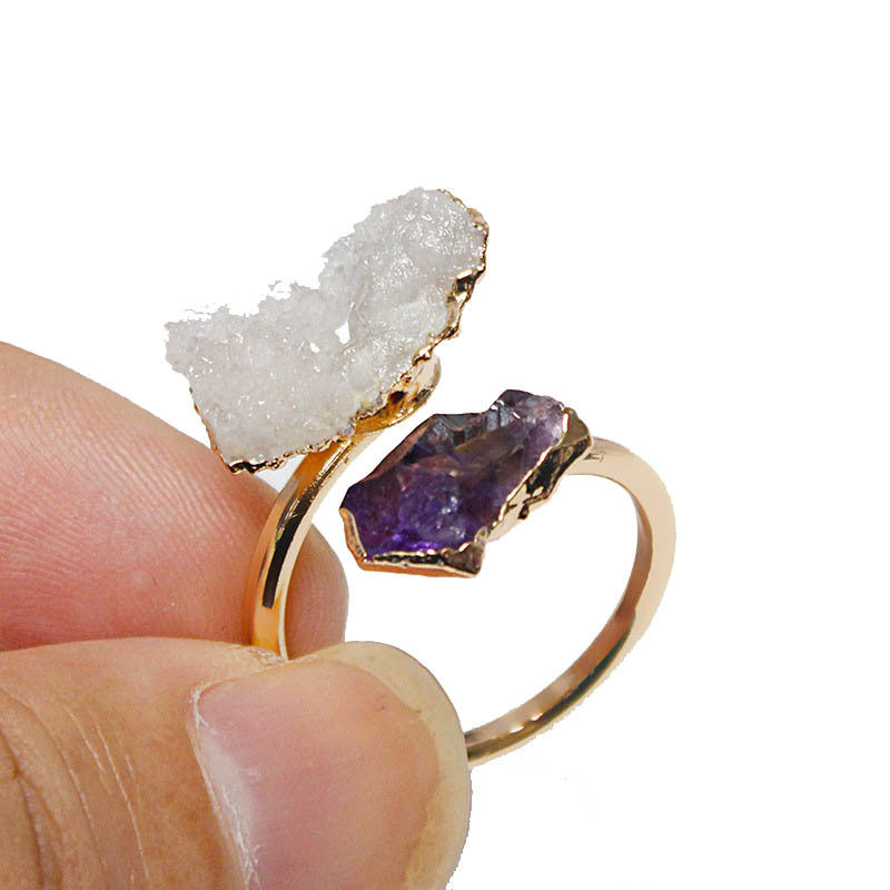 Natural Amethyst, Black Tourmaline& White Crystal Cluster Adjustable Ring