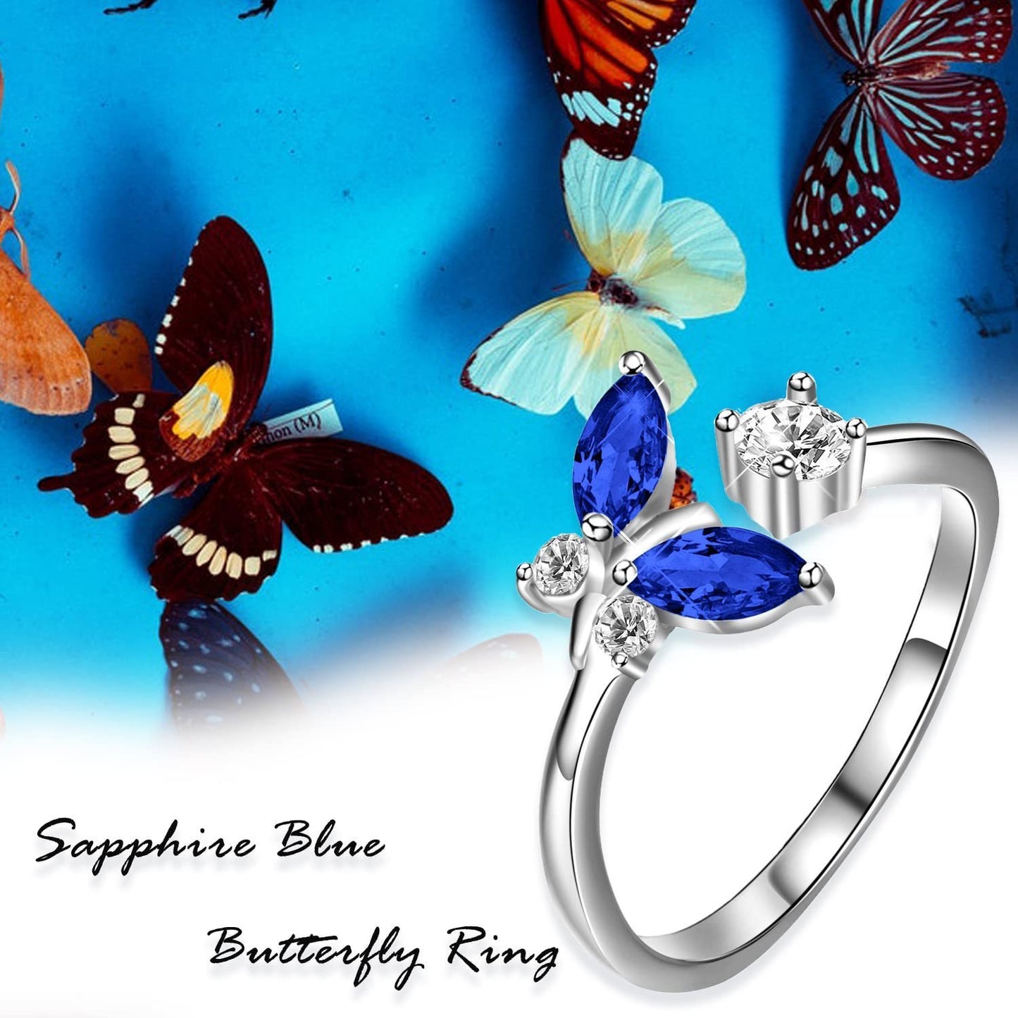 Sterling Silver Butterfly Ring with Sapphire Blue Crystal